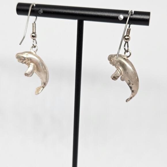 Manatee Gentle Sea Cow Coastal 925 Sterling Silver Dangle Drop Earrings - Picture 4 of 6